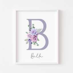 Personalised Floral Initial Print Purple Roses Nursery Decor Unframed Wall Art Poster - thumbnail 1