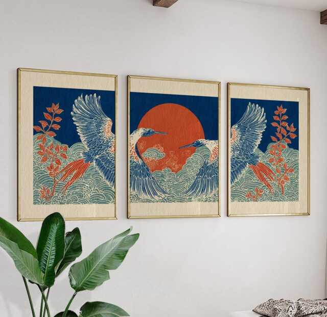 Blue Crane Posters Set Of 3, Japanese Red Sun Nature Art Prints Wall Decor - image 1