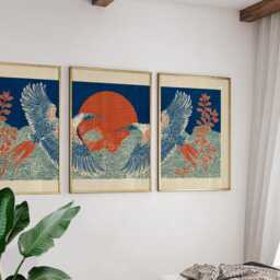 Blue Crane Posters Set Of 3, Japanese Red Sun Nature Art Prints Wall Decor - thumbnail 2