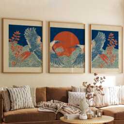 Blue Crane Posters Set Of 3, Japanese Red Sun Nature Art Prints Wall Decor - thumbnail 3