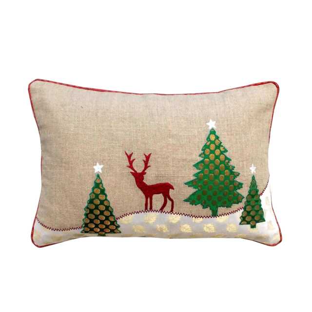 "Christmas Linen Pillow Cover, Brocade Trees, Embroidered Reindeer, 14""x 21" - image 1