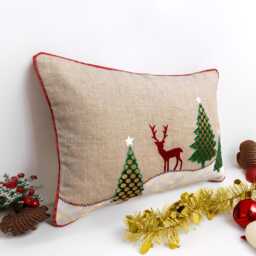 "Christmas Linen Pillow Cover, Brocade Trees, Embroidered Reindeer, 14""x 21" - thumbnail 3