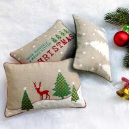 "Christmas Linen Pillow Cover, Brocade Trees, Embroidered Reindeer, 14""x 21" - thumbnail 4