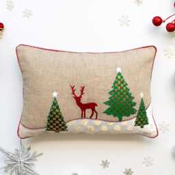 "Christmas Linen Pillow Cover, Brocade Trees, Embroidered Reindeer, 14""x 21" - thumbnail 2