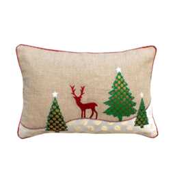 "Christmas Linen Pillow Cover, Brocade Trees, Embroidered Reindeer, 14""x 21" - thumbnail 1