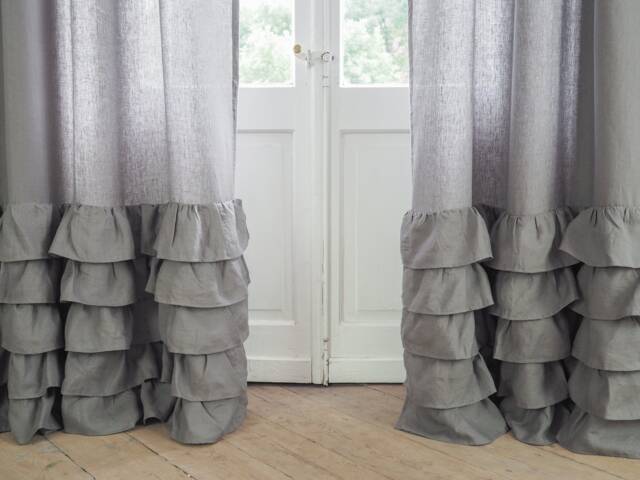 Gray Curtain Panel With Ruffles Made Of Medium Linen - 160 G/M2. Farmhouse Decor. Gray Valance - image 1
