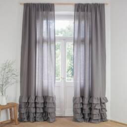 Gray Curtain Panel With Ruffles Made Of Medium Linen - 160 G/M2. Farmhouse Decor. Gray Valance - thumbnail 2