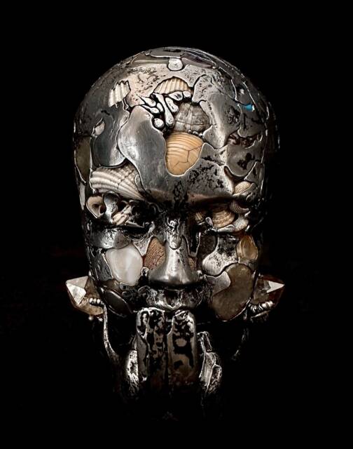 Pewter Face Sculpture, Beaver Jaw Stand, Shark Tooth, Obsidian, Seashell Art - image 1