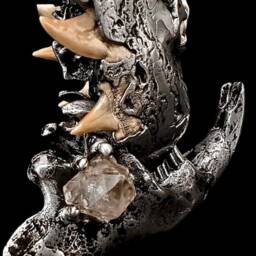 Pewter Face Sculpture, Beaver Jaw Stand, Shark Tooth, Obsidian, Seashell Art - thumbnail 4