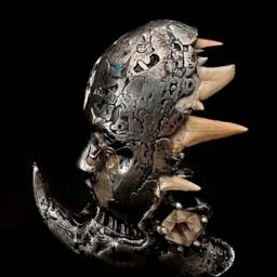 Pewter Face Sculpture, Beaver Jaw Stand, Shark Tooth, Obsidian, Seashell Art - thumbnail 3