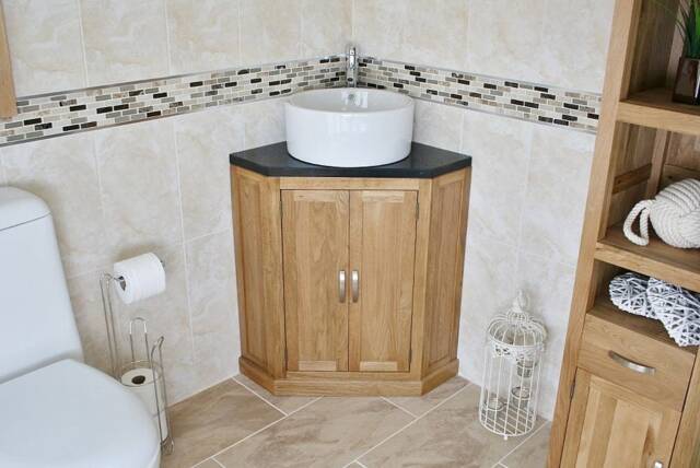 Bathroom Vanity Unit Oak Corner Wash Stand Black Quartz & Ceramic Basin 501Bbqcbc - image 1