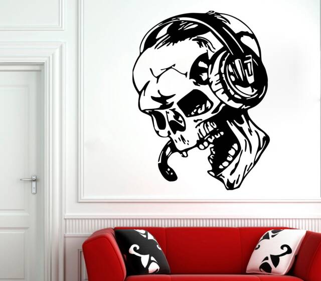 Personalized Gamer Room Wall Decal Skull With Headphones Z77 - image 1