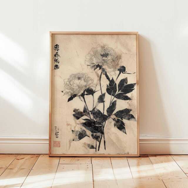 Vintage Chinese Floral Wall Art, Ink Peony Botanical Print, Minimalist Asian Flower Poster, Wabi Sabi Home Decor, Ukiyo-E Style Art