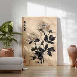 Vintage Chinese Floral Wall Art, Ink Peony Botanical Print, Minimalist Asian Flower Poster, Wabi Sabi Home Decor, Ukiyo-E Style Art - thumbnail 2