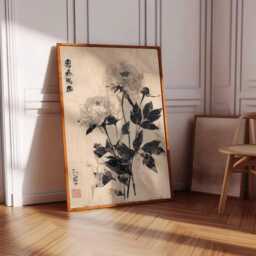 Vintage Chinese Floral Wall Art, Ink Peony Botanical Print, Minimalist Asian Flower Poster, Wabi Sabi Home Decor, Ukiyo-E Style Art - thumbnail 3