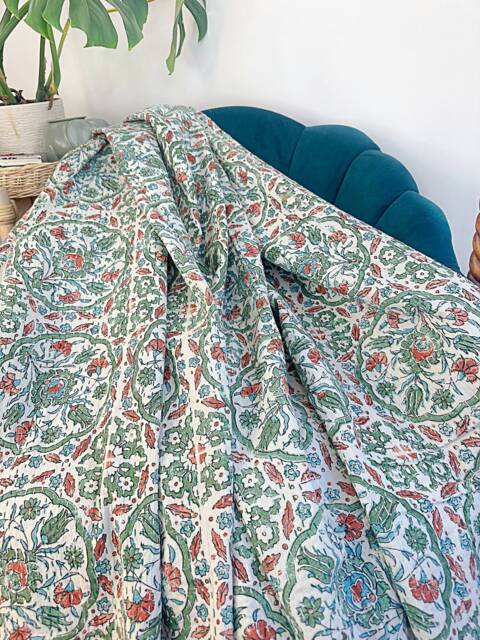 Kantha Stitch Pure Cotton Reversible Bed/Sofa Throw King Size - Handmade Handprinted Floral Dohar White Sage Green Pottery Mandala Geometric - image 1