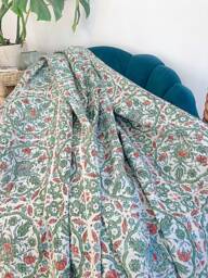 Kantha Stitch Pure Cotton Reversible Bed/Sofa Throw King Size - Handmade Handprinted Floral Dohar White Sage Green Pottery Mandala Geometric - thumbnail 1