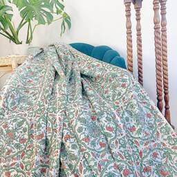 Kantha Stitch Pure Cotton Reversible Bed/Sofa Throw King Size - Handmade Handprinted Floral Dohar White Sage Green Pottery Mandala Geometric - thumbnail 4