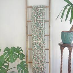 Kantha Stitch Pure Cotton Reversible Bed/Sofa Throw King Size - Handmade Handprinted Floral Dohar White Sage Green Pottery Mandala Geometric - thumbnail 2