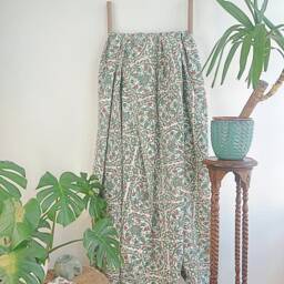 Kantha Stitch Pure Cotton Reversible Bed/Sofa Throw King Size - Handmade Handprinted Floral Dohar White Sage Green Pottery Mandala Geometric - thumbnail 3