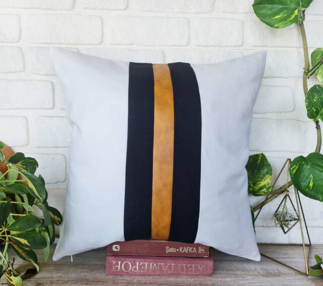 Faux Leather & Linen Pillow Cover Black Stripe Accent, 18x18 - image 1