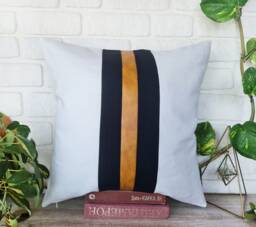 Faux Leather & Linen Pillow Cover Black Stripe Accent, 18x18