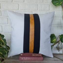 Faux Leather & Linen Pillow Cover Black Stripe Accent, 18x18 - thumbnail 2