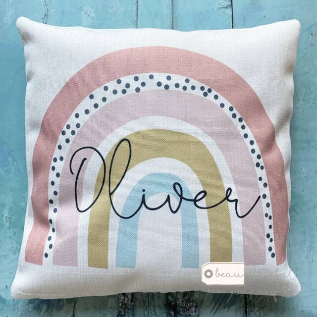 Personalised Name Pastel Rainbow Design Home Quote Boho Linen Style Cushion Cover