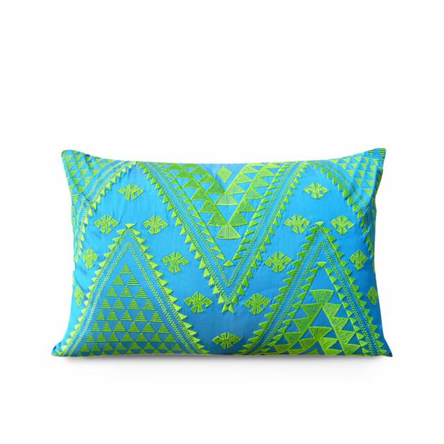 Kilim Embroidered Lumbar Pillow Cover, Turquoise Green, 12x20 Throw - image 1