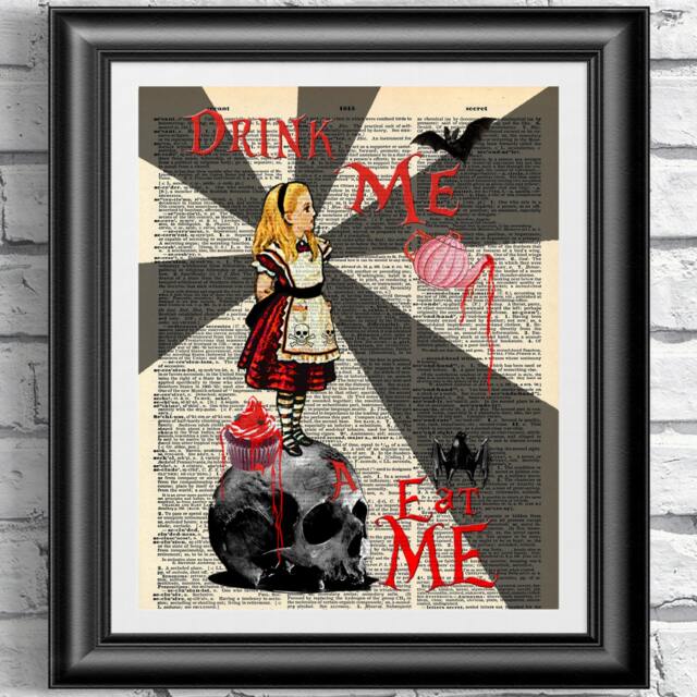 Gothic Alice in Wonderland Artwork. Dictionary Art Print On Antique Book Page. Art Dictionary Print. Steampunk Artwork Dark Skull Bats - image 1