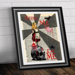 Gothic Alice in Wonderland Artwork. Dictionary Art Print On Antique Book Page. Art Dictionary Print. Steampunk Artwork Dark Skull Bats - thumbnail 2