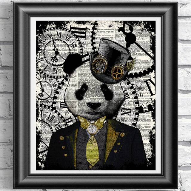steampunk Panda Art Print, Art Print, Print On Antique Dictionary Book Page, Wall Panda, Panda Artwork, Print - image 1