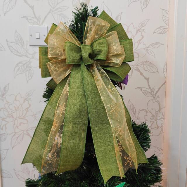 Sage Green Gold Christmas Tree Topper Snowflake Bow Holiday Wreath Bows Lantern Gift Decoration - image 1