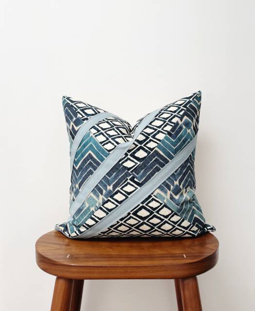 Blue Geometric Throw Pillow Cover, Art Deco Accent, Linen Stripe - image 1