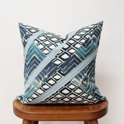 Blue Geometric Throw Pillow Cover, Art Deco Accent, Linen Stripe - thumbnail 2