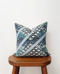 Blue Geometric Throw Pillow Cover, Art Deco Accent, Linen Stripe - thumbnail 1