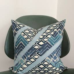 Blue Geometric Throw Pillow Cover, Art Deco Accent, Linen Stripe - thumbnail 4