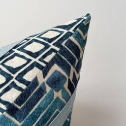 Blue Geometric Throw Pillow Cover, Art Deco Accent, Linen Stripe - thumbnail 3