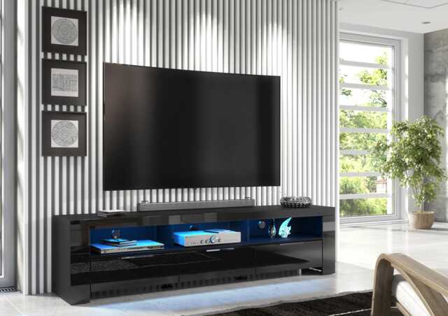 Furneo 200cm Black Long Tv Stand Unit Cabinet Matt & High Gloss Led Lights Phantom 10 - image 1