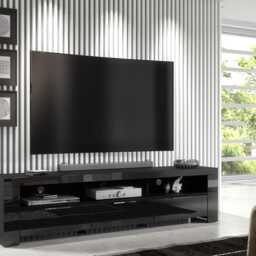 Furneo 200cm Black Long Tv Stand Unit Cabinet Matt & High Gloss Led Lights Phantom 10 - thumbnail 3
