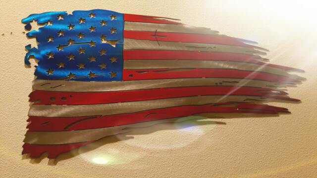 Tattered American Flag Metal Sign Handmade Patriotic Wall Art - 24'' - image 1