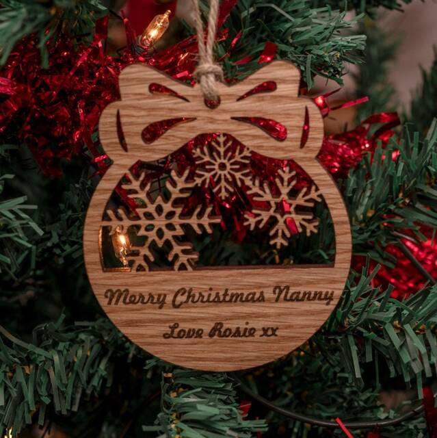 Oak, Cherry Or Walnut - Personalised Christmas Tree Decoration/Bauble Ornament With Personal Message Wood Engraved - image 1