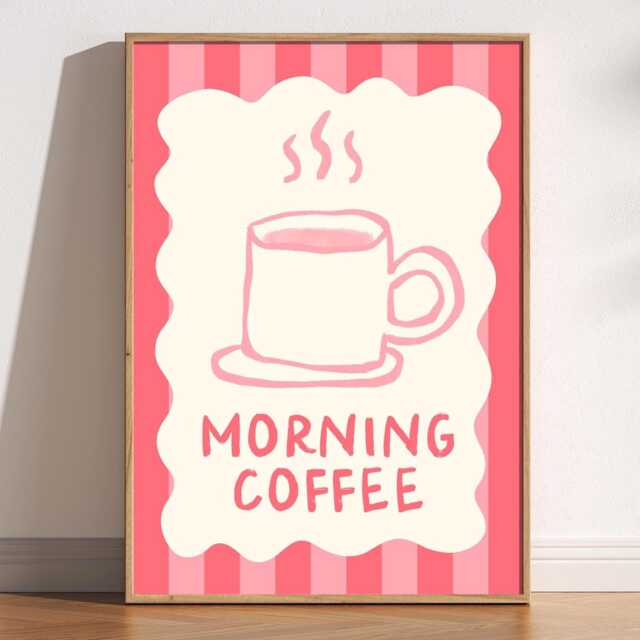 Retro Pink Coffee Cup Art Print Whimsical Kitchen Wall Decor