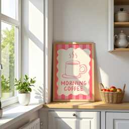 Retro Pink Coffee Cup Art Print Whimsical Kitchen Wall Decor - thumbnail 2