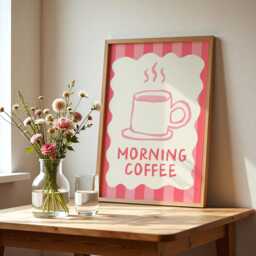 Retro Pink Coffee Cup Art Print Whimsical Kitchen Wall Decor - thumbnail 3