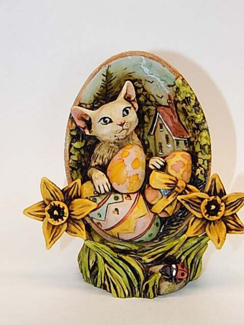 Artist Sculpture Neil Eyre Spring Easter Egg Hunt Daffodil Flower Figurine Frog Or Cat Version Limited Edition Of 50 - image 1