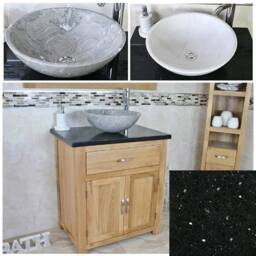 Solid Oak Bathroom Vanity Unit - Black Quartz Top, Marble Basin - thumbnail 2