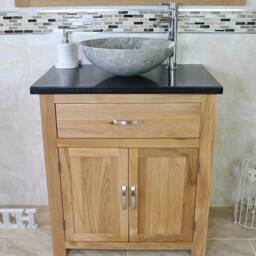 Solid Oak Bathroom Vanity Unit - Black Quartz Top, Marble Basin - thumbnail 3