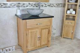 Solid Oak Bathroom Vanity Unit - Black Quartz Top, Marble Basin - thumbnail 1