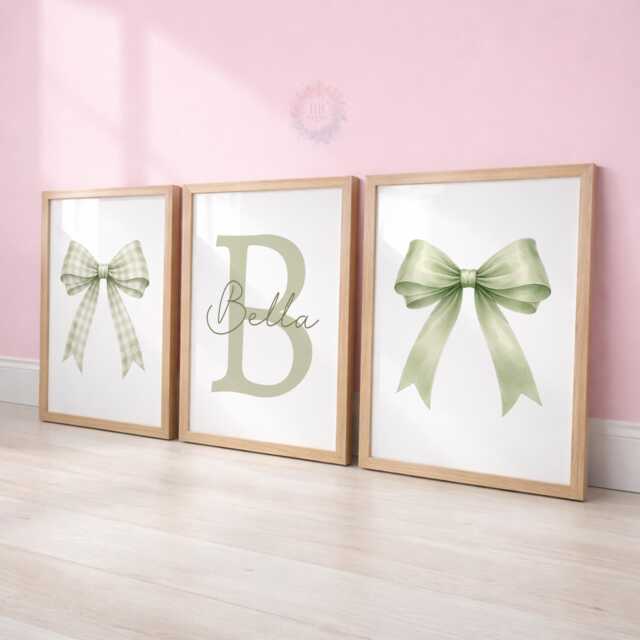 Sage Bow Nursery Prints - Set Of 3 Girls Wall Art, Custom Name Decor - image 1